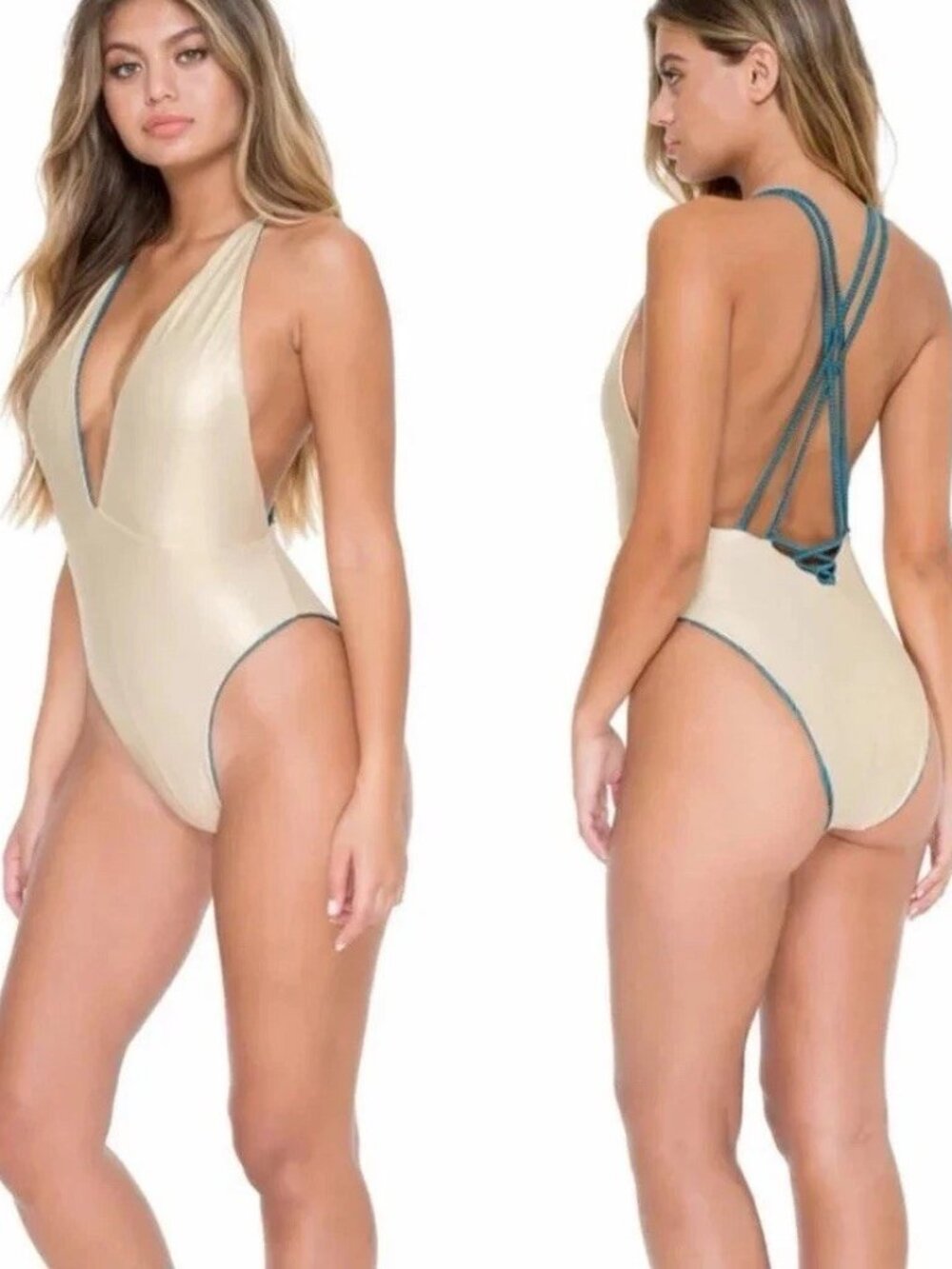 NEW Luli Fama Metallic Gold Teal Reversible One Piece Swimsuit Strappy MEDIUM